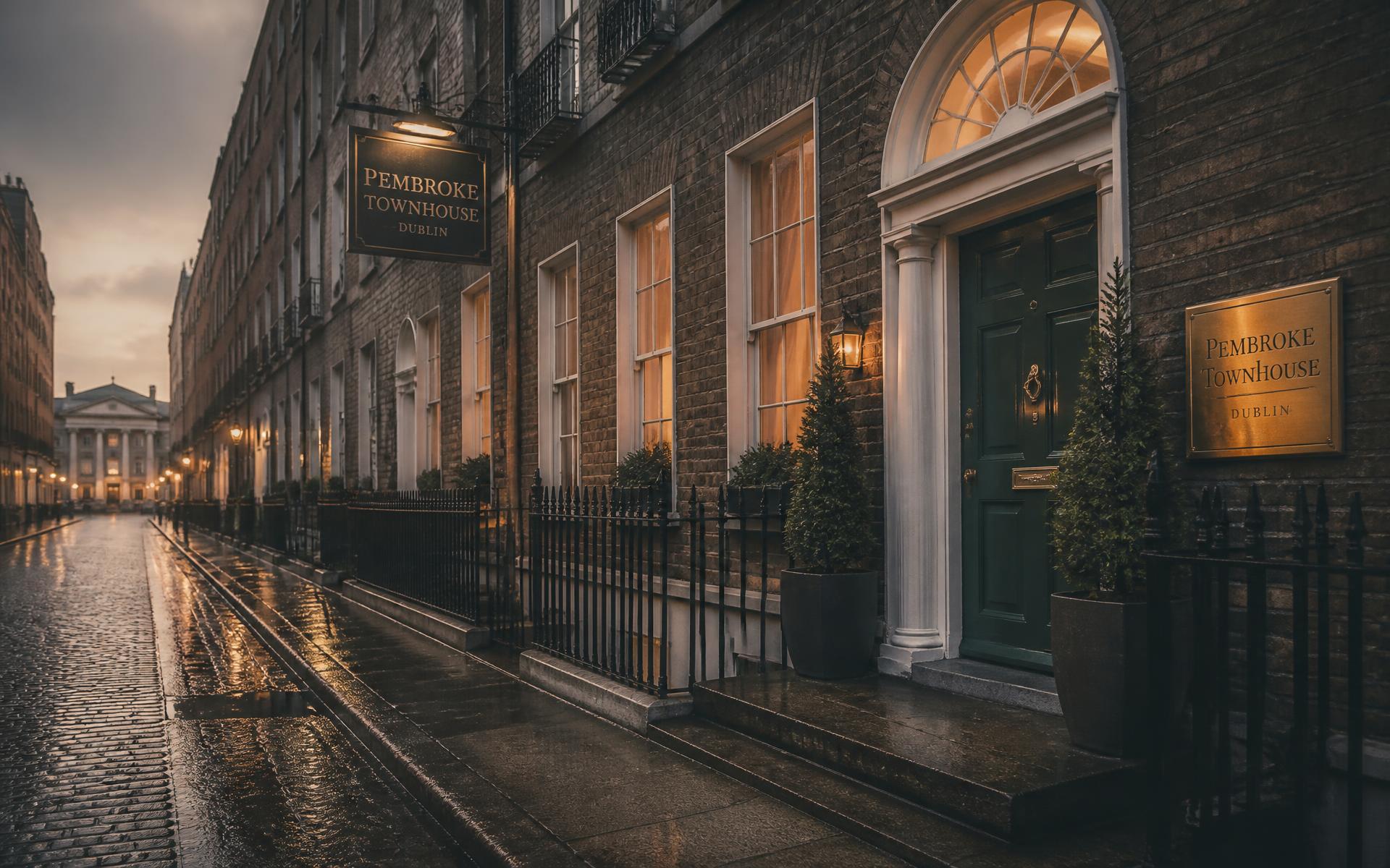 A rain-slicked Georgian street in Dublin at dusk with warm lamplight